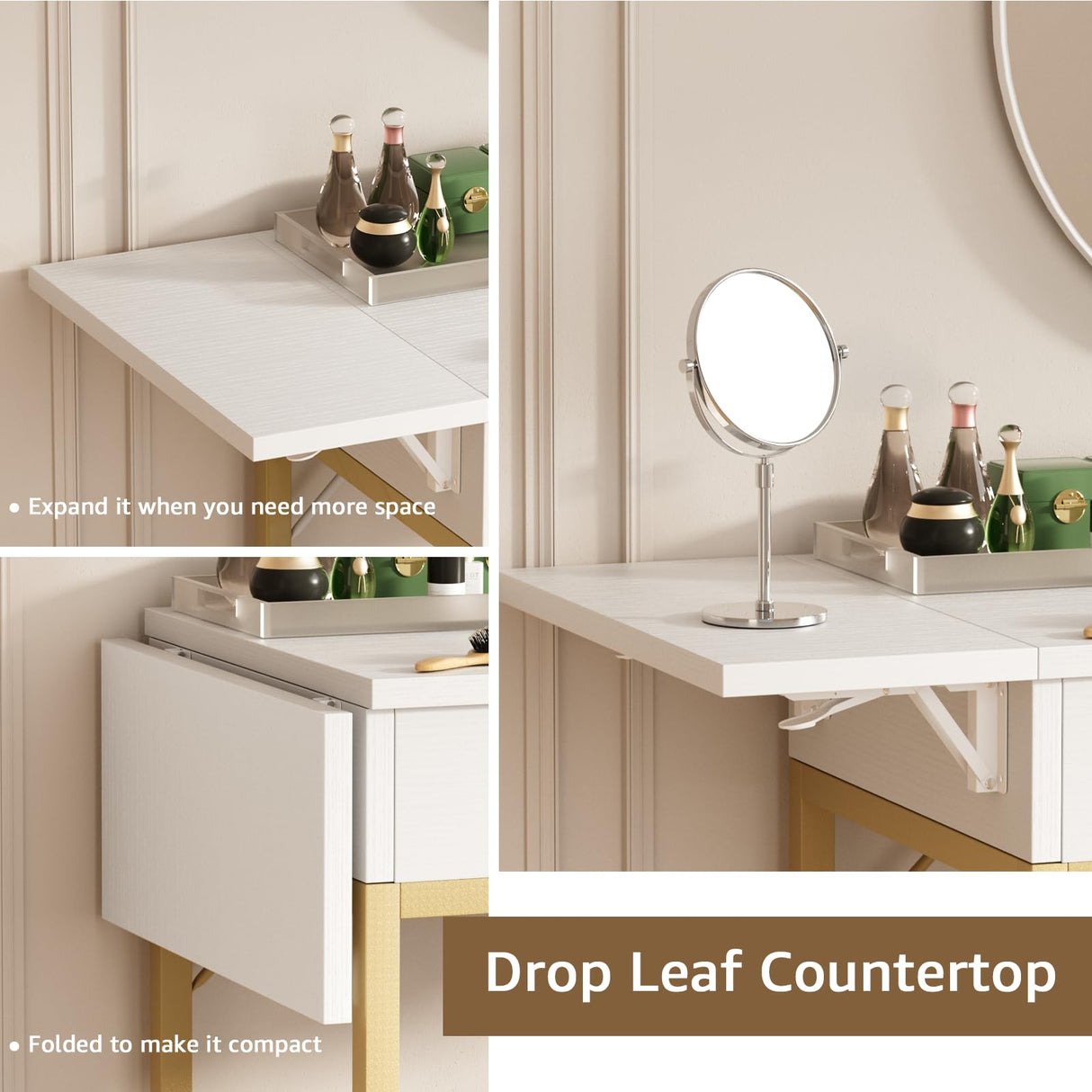 KAI-ROAD Small Makeup Vanity Desk no Mirror - Modern White Vanity Table with Wood Drawers, Padded Stool, Charging Station & Foldable Countertop, Small Computer Desk Home Office Desk for Bedroom KAI-ROAD