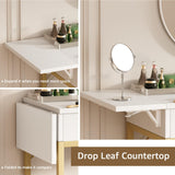 KAI-ROAD Small Makeup Vanity Desk no Mirror - Modern White Vanity Table with Wood Drawers, Padded Stool, Charging Station & Foldable Countertop, Small Computer Desk Home Office Desk for Bedroom KAI-ROAD