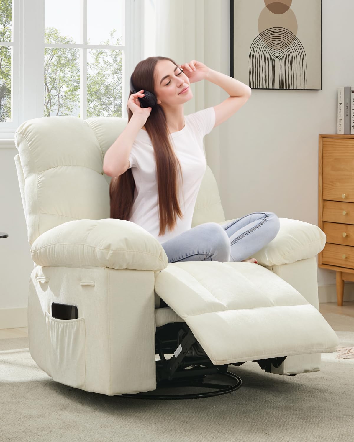 GarveeHome Rocking Recliner Chair, 360° Swivel Rocker Chair for Living Room, Upholstered Fabric Glider Nursery Chair with Side Pockets for Small Spaces, q235 Steel Frame Lazy Boy Recliner Single Sofa GarveeHome