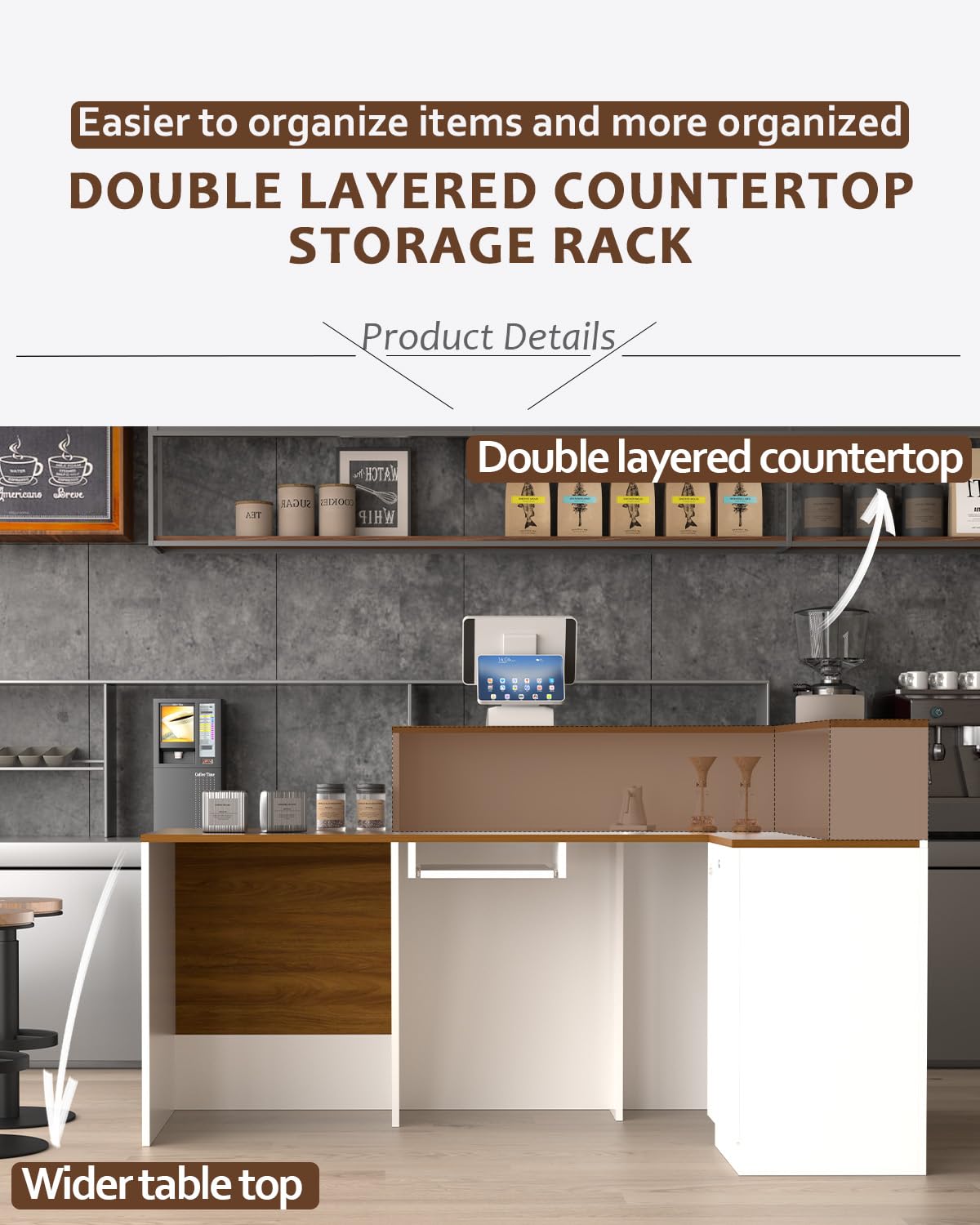 L-shaped Reception Desk, Solid Wood Reception Desk with Counter, Check out Stand with Lockable Drawer & Cabinet, Retail Checkout Counter for Office, Store, Beauty Salon (L-Shaped-Dark Walnut-R, 63in) Gguileb