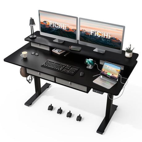 FICIHI Electric Standing Desk USB A/C Charging Port, Electric Height Adjustable Desk, 63 x 30 inches Desk with 4 Drawers,Larger Table Legs,Ergonomic Workstation Suitable for Home Gaming Office FICIHI