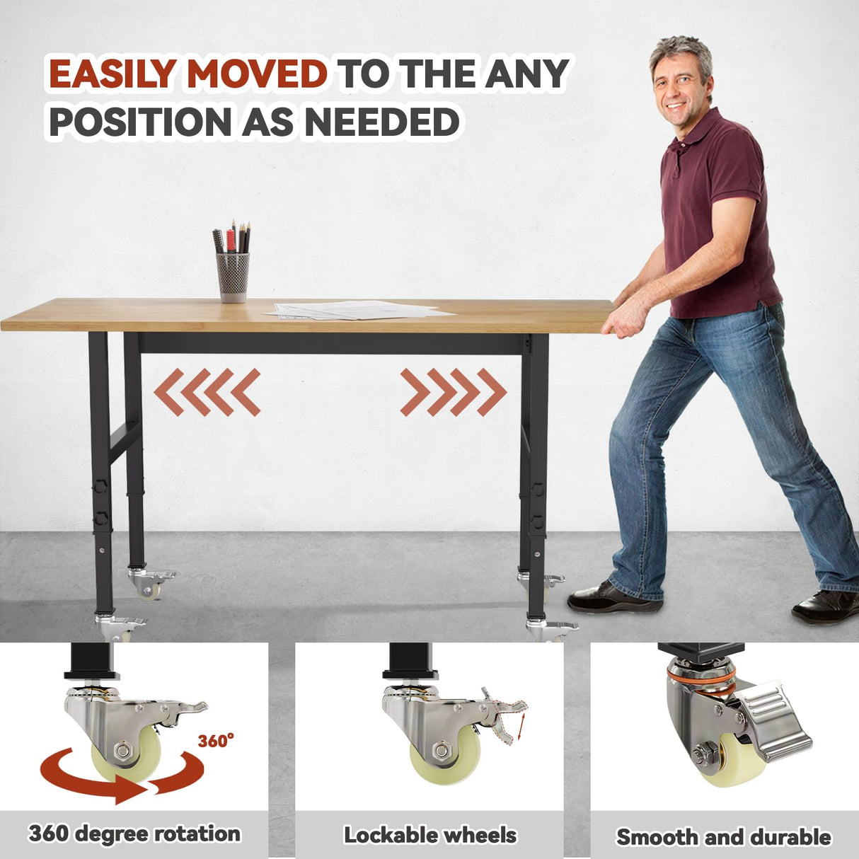 Granper 60" Adjustable Height Workbench, Solid Wood Work Table with Wheels and Power Outlet, 2000 LBS Load Capacity, Heavy-Duty Garage Workbench for Workshop, Office, Home Granper