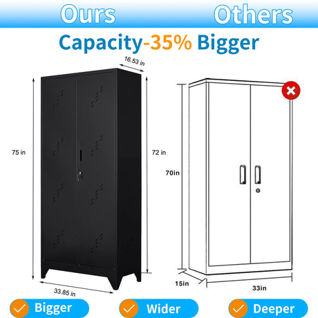 VASAAOSD 75" Metal Storage Cabinet, Tool Cabinet with Hooks, Garage Storage Cabinet with Lock, Heavy-Duty Tool Storage Cabinet for Utility Room, Gym, Basement, Broom Closet Cabinet, Black VASAAOSD