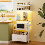 YIPPPPE Bakers Rack with Power Outlet, 5-Tier Microwave Stand with Fabric Drawer and 5 Hooks, Kitchen Storage Shelf with Spices, Pots and Pans, White YIPPPPE