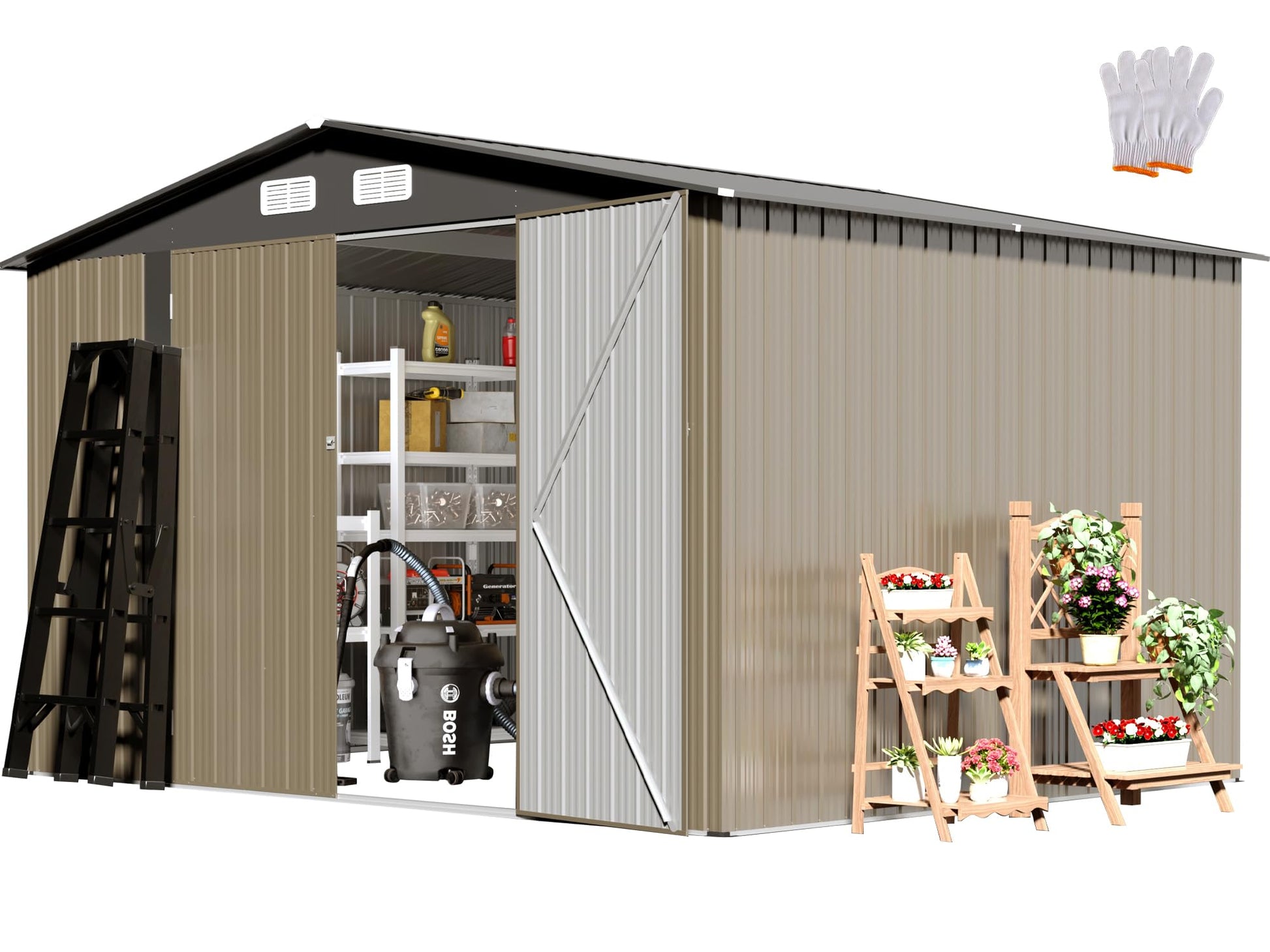 TIMWNER Large Storage Shed, 10' × 8' FT Metal Storage Shed with Lockable Door, Waterproof Shed Outdoor Use, Tool Shed with Windows for Bike, Garden, Brown - WoodArtSupply