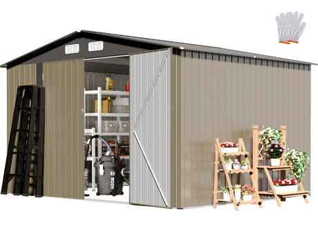 TIMWNER Large Storage Shed, 10' × 8' FT Metal Storage Shed with Lockable Door, Waterproof Shed Outdoor Use, Tool Shed with Windows for Bike, Garden, Brown TIMWNER