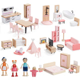 Giant bean Wooden Dollhouse Furniture Set, 36pcs Furnitures with 4 Family Dolls, Dollhouse Accessories Pretend Play Furniture Toys for Boys Girls & Toddlers 3Y+, Pink Giant bean