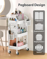 ALVOROG 3 Tier Rolling Cart with DIY Pegboards Metal Utility Cart with Wheels Handles Baskets Hooks, Storage Cart for Office Kitchen Bathroom(White) ALVOROG