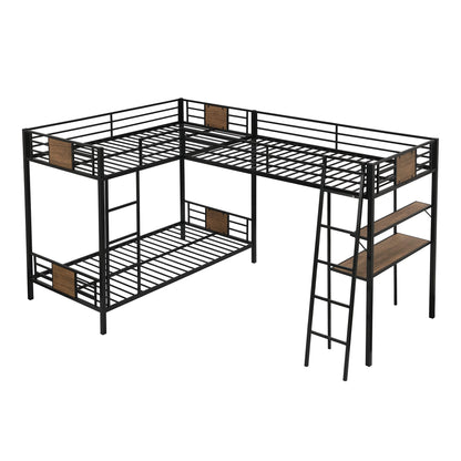 Metal Triple Bunk Bed with Desk and Shelf, L-Shaped Bunk Bed for 3 Kids Teens Adults, Twin Over Twin Bunk Bed with a Twin Size Loft Bed Attached – Brown