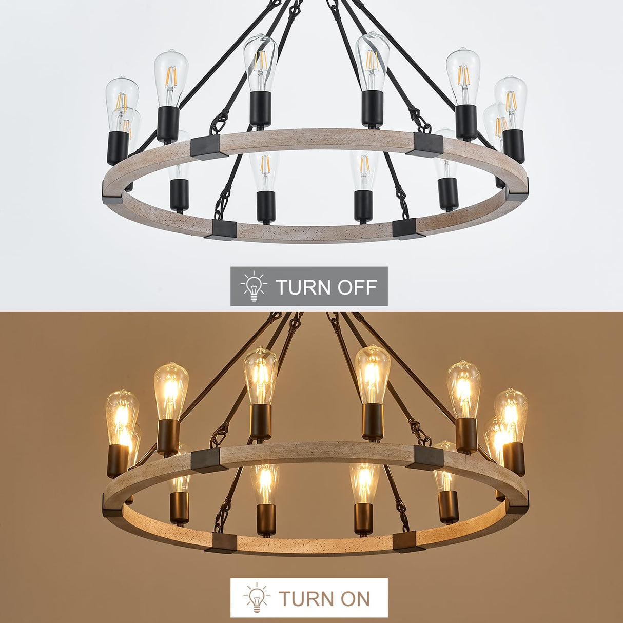 brfaixla 12-Light Wooden Wagon Wheel Chandelier Farmhouse, 31.5'' Black&Cream Colored Chandelier Pendant Light for Living Room, Industrial Rustic Round Wood Chandeliers for Dining Room Entryway Porch brfaixla