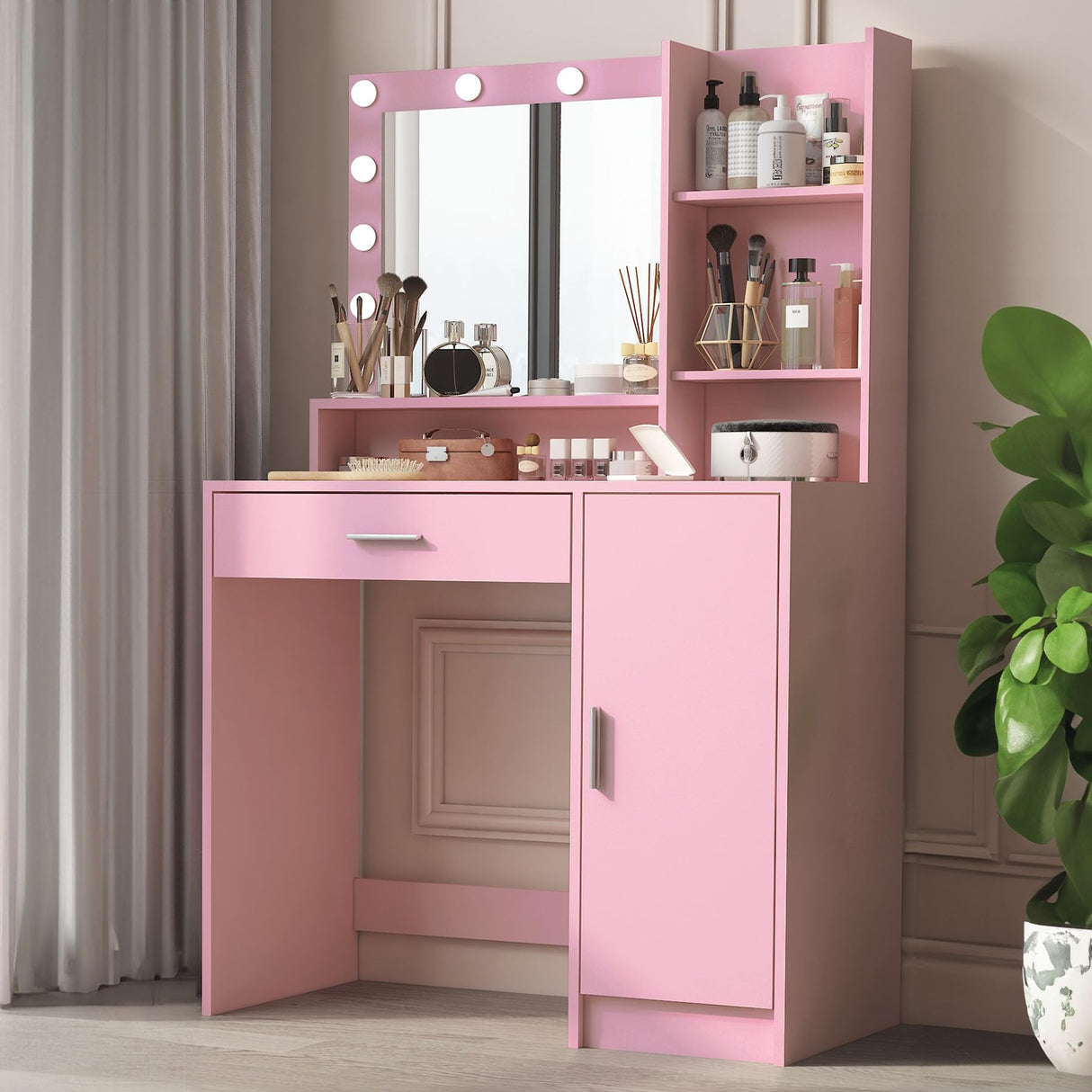 Mdhitsox Vanity Desk with Mirror and Lights, Makeup Vanity Desk, Dressing Table Set with Drawers, Cabinets, Shelves, 3 Lighting Modes Brightness Adjustable, Modern Vanity Set for Gifts Bedroom (Pink) Mdhitsox