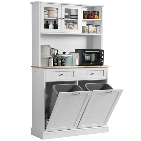 LOUVIXA Kitchen Pantry Storage Cabinet, Microwave Cabinet with Tilt Out Trash Cabinet,Tall Pantry Cabinet Cupboard, Freestanding Kitchen Hutch (White) LOUVIXA