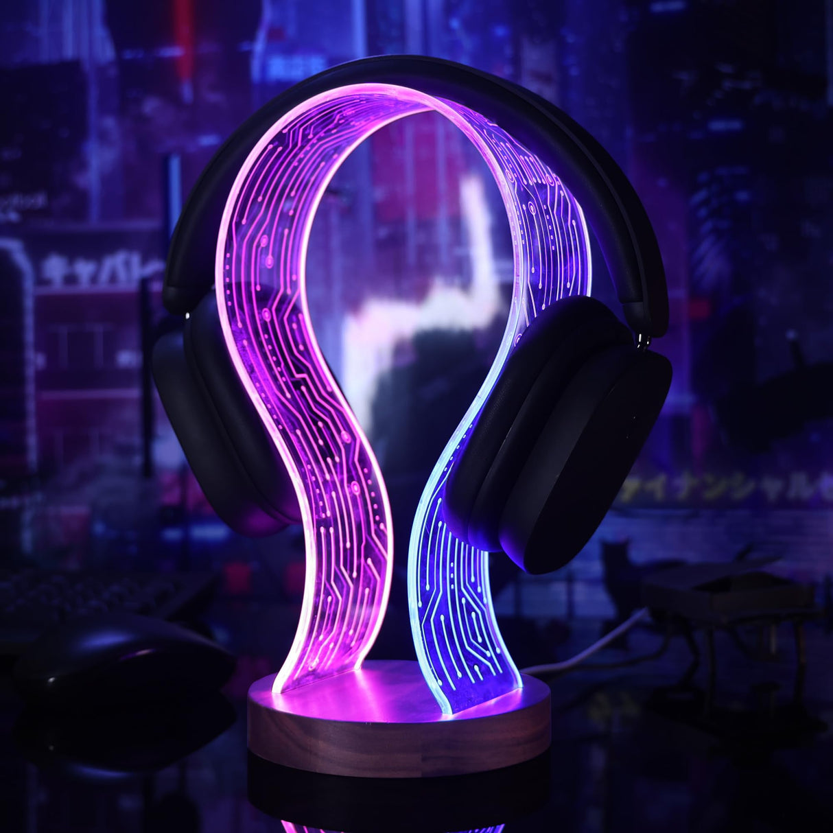 Lampeez Headphone Stand Headset Holder with Blue Pink LED Night Light Walnut Wood for Gamers, Music Lovers Gift Idea Lampeez