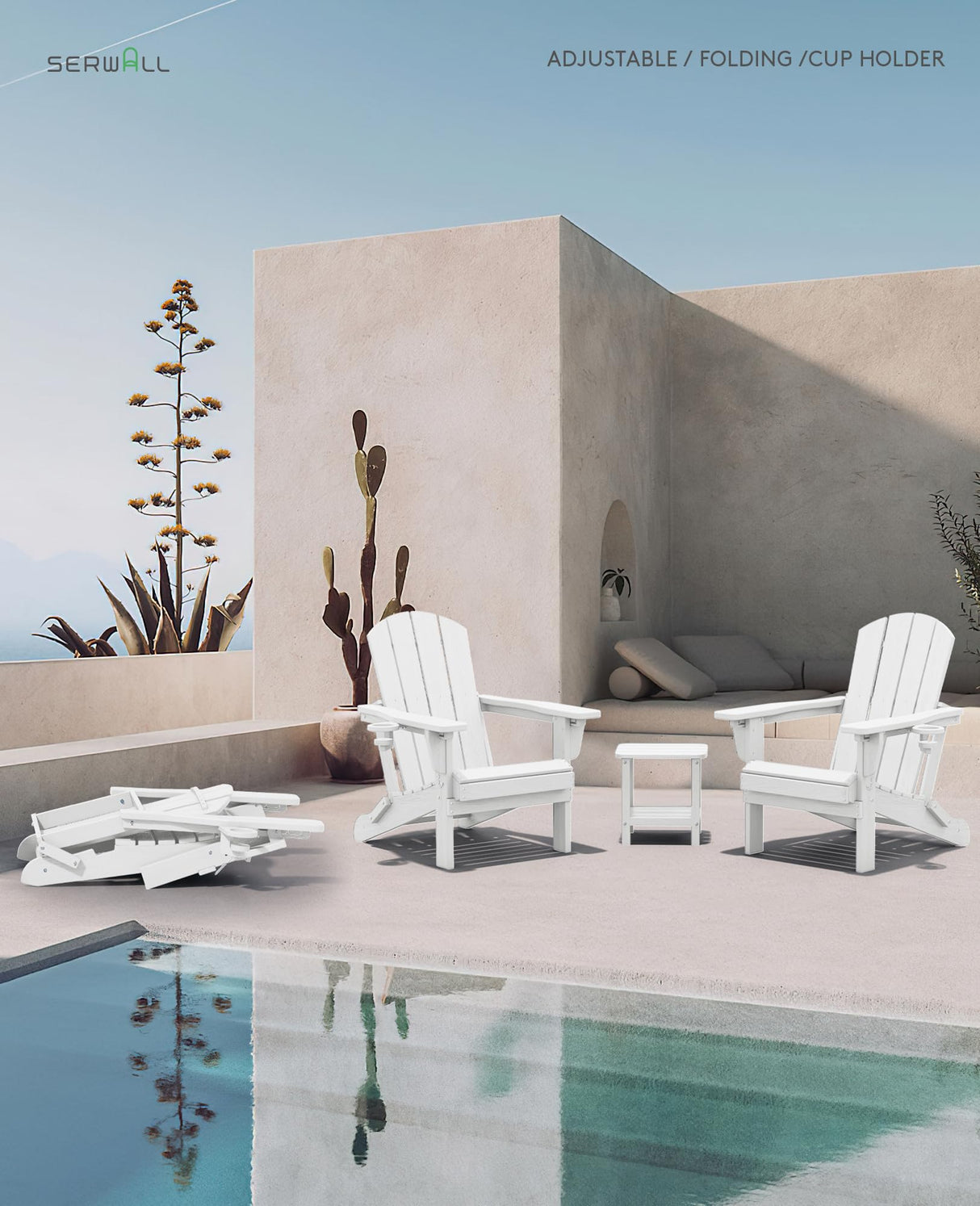 SERWALL Folding Adirondack Chair, Reclining Adirondack chair with Cup Holder, Adjustable Adirondack Chair with 3 Recline Positions, All Weather HDPE Outdoor Adirondack, White SERWALL