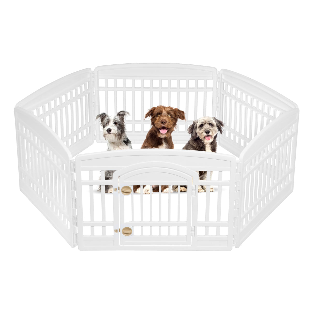IRIS USA 24" 6-Panel Pet Playpen with Door, Dog Playpen For Puppy Small Dogs Keep Pets Secure Easy Assemble Easy Storing Customizable Non-Skid Rubber Feet, White IRIS