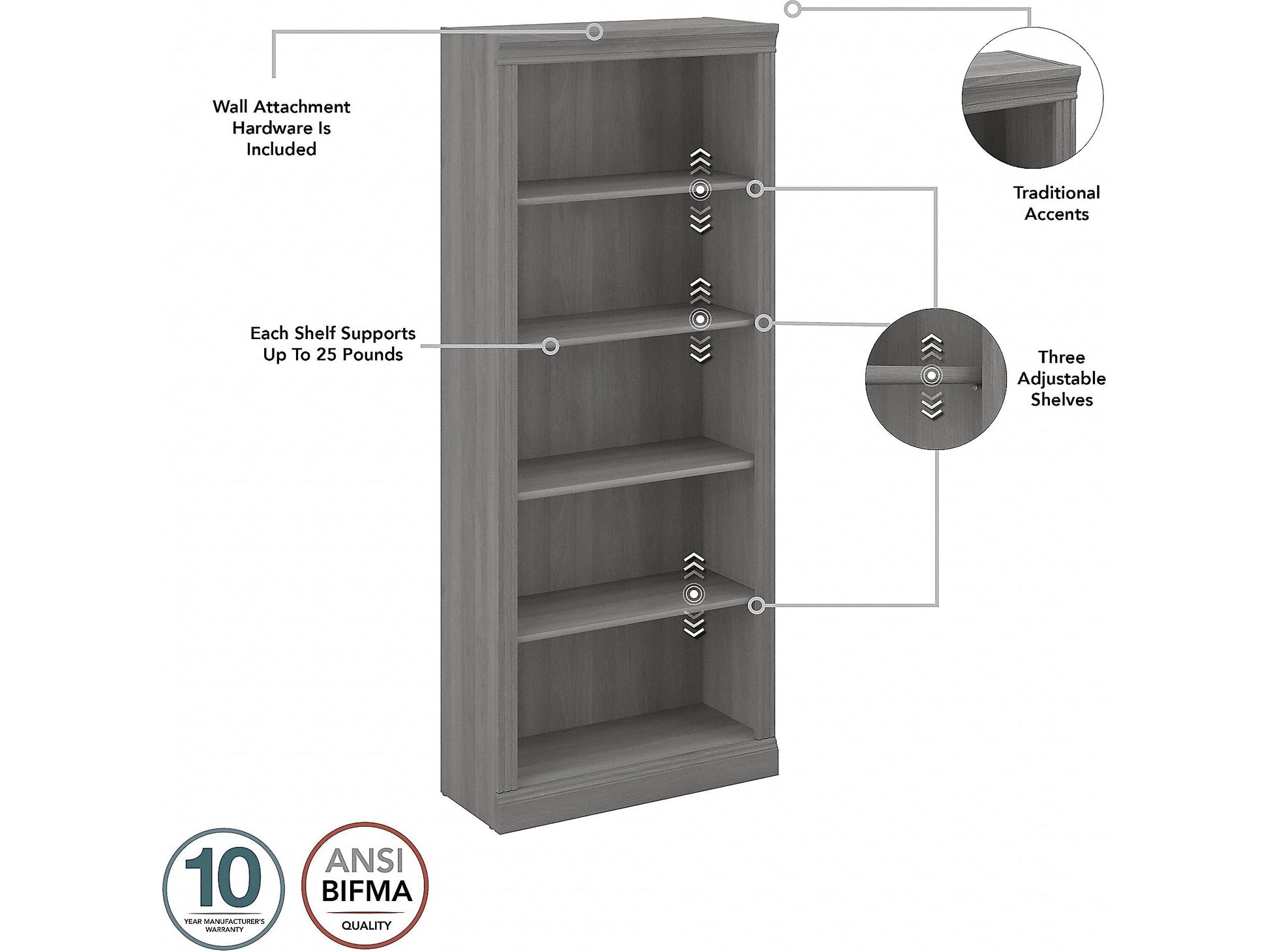 Saratoga Tall 5 Shelf Bookcase in Modern Gray by Bush Furniture - WoodArtSupply