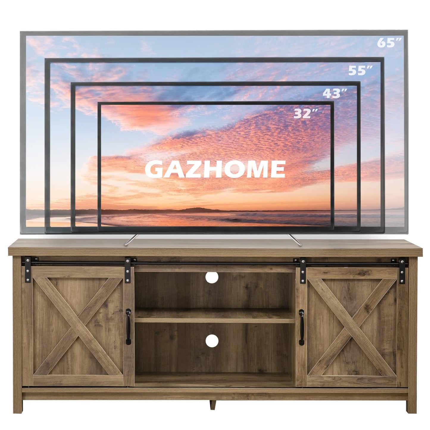 GAZHOME Farmhouse TV Stand with Sliding Barn Doors, Media Entertainment Center Console Table for TVs up to 65”,2-Tier Large Storage Cabinets,Rustic TV Stand for Living Room Bedroom,Light Grey - WoodArtSupply