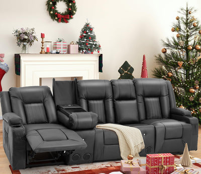 YODOLLA Recliner Sofa with 2 Console&Bluetooth Speakers, Manual RV Loveseat Reclining Sofa with USB Ports&4 Cup Holders, 2 Side Pockets Wall Hugger Recliner Home Theater Seating, Fuax Leather Black