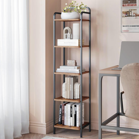 Hzuaneri Bookcase Bookshelf, Narrow Book Shelf, Industrial Corner Shelf Storage Organizer, Slim Shelving Unit for Home Office, Living Room, Bedroom, Kitchen, 5-Tier Rustic Brown and Black BC24501B Hzuaneri