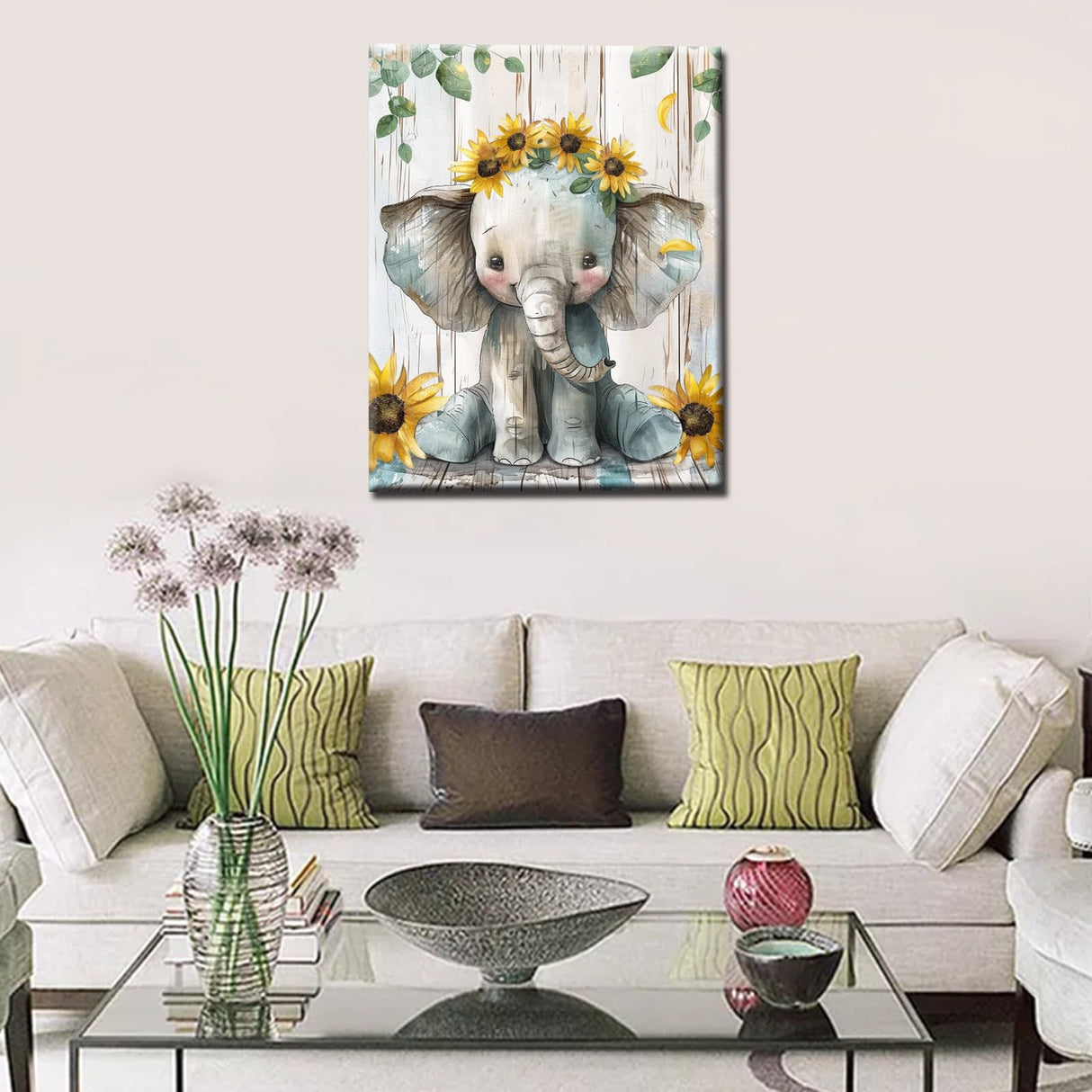Aihonmin Baby Elephant DIY Paint by Numbers for Adults Beautiful Sunflowers DIY Oil Painting Acrylic Paint Art Vintage Style Painting Kit Canvas with Acrylic Paints Art 16x20 Inch(Frameless) Aihonmin