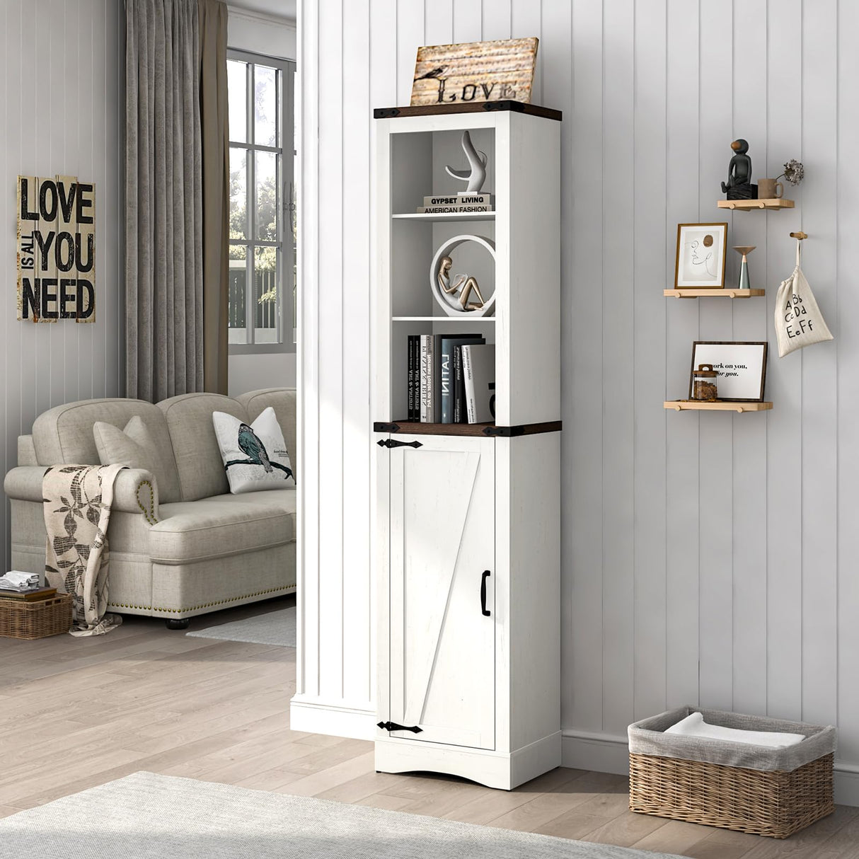 Hlivelood 68" Tall Farmhouse Bathroom Storage Cabinet, 5-Shelf Storage Cabinet with Barn Door&Adjustable Shelves, Linen Tower Cabinet with Storage for Bathroom, Kitchen, Living Room, Rustic White Hlivelood
