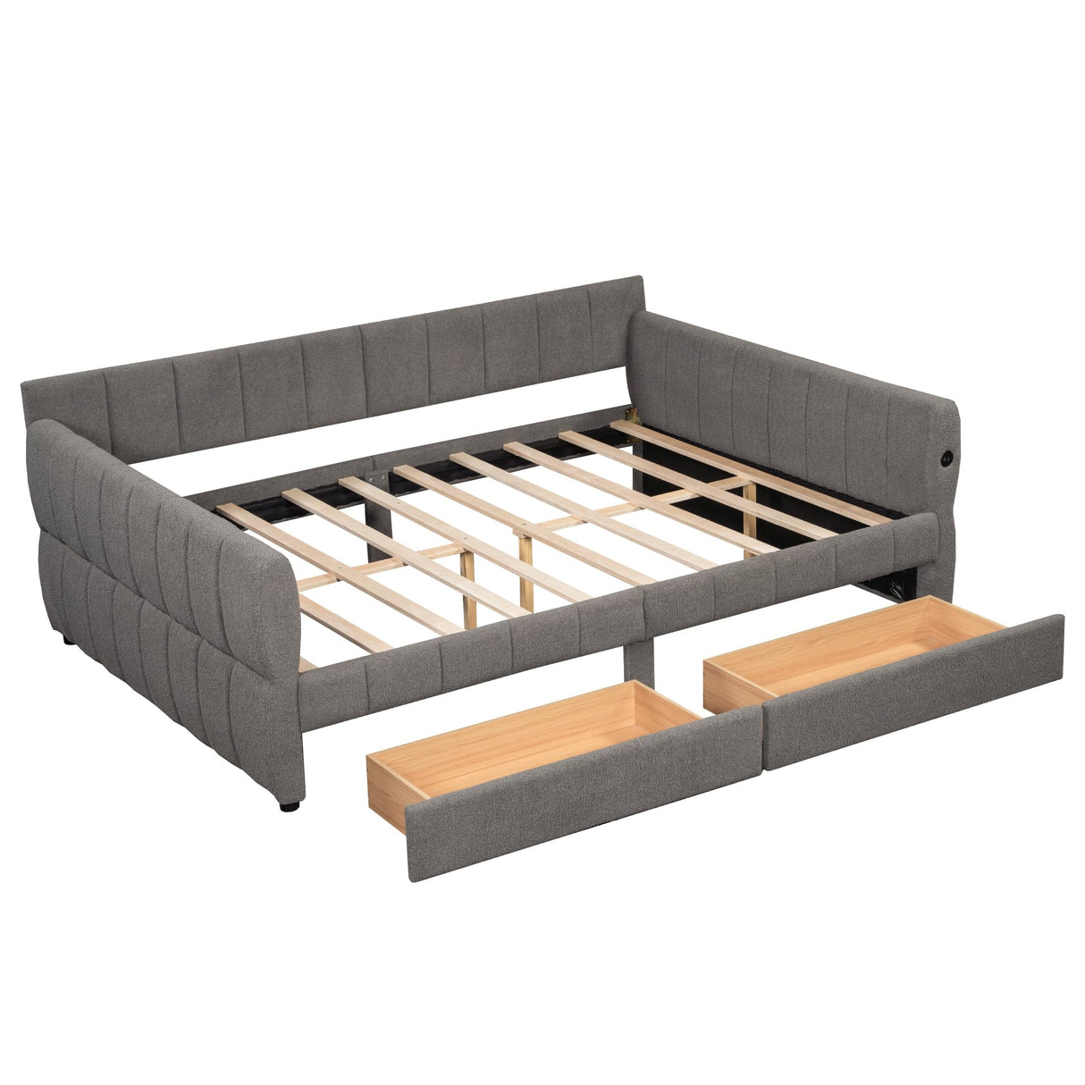 Queen Daybed with USB and 2 Drawers, Upholstered Corner Bed Queen with Storage for Living Room, Gray RuiSiSi