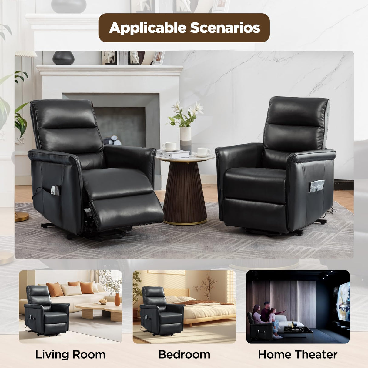 MANBUR Power Lift Recliner for Elderly with Vibration Massage and Lumbar Heat, Electric PU Leather Lift Chair, Adjustable Reclining Chair with Side Pockets,LED Light,USB Port for Small Space(Black) MANBUR