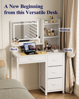 Kitsure Vanity Desk with Mirror and Lights - Large Capacity Makeup Vanity with 4 Fabric Storage Drawers & 3 Lighting Modes, Vanity Table Set with Sturdy Metal Frame for Bedroom, White, 35" x 17" x 52" Kitsure
