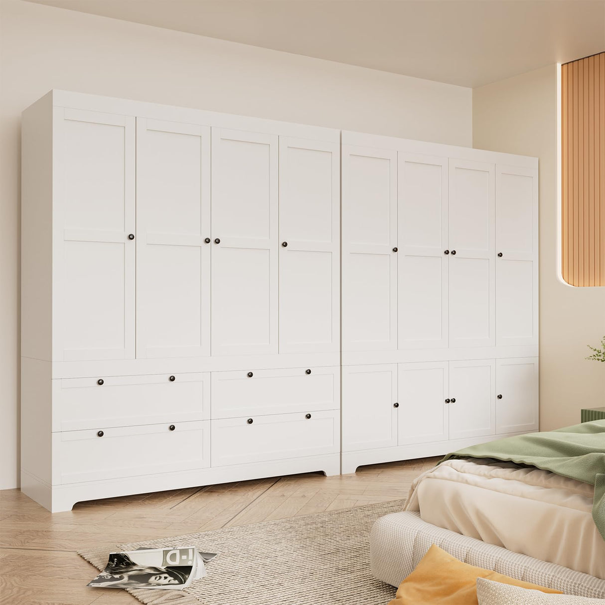 PLANNTONNEO Large White Wardrobe Closet with Drawers, Modular Closet System with Doors and Hanging Rods, Tall Large Armoire Ample Storage, Big Bedroom Armoires (8 Doors/White) PLANNTONNEO