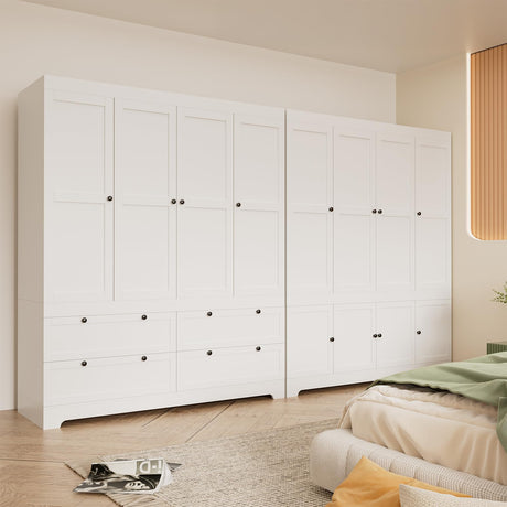 PLANNTONNEO Large White Wardrobe Closet with Drawers, Modular Closet System with Doors and Hanging Rods, Tall Large Armoire Ample Storage, Big Bedroom Armoires (8 Doors/White) PLANNTONNEO