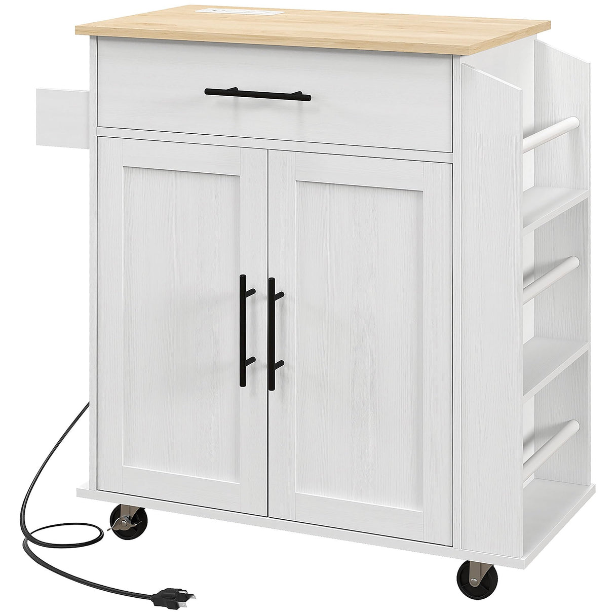 HOMCOM Kitchen Island with Storage, Rolling Kitchen Cart with AC Outlets and USB Ports, Microwave Stand with Towel and Spice Rack, White HOMCOM