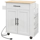HOMCOM Kitchen Island with Storage, Rolling Kitchen Cart with AC Outlets and USB Ports, Microwave Stand with Towel and Spice Rack, White HOMCOM