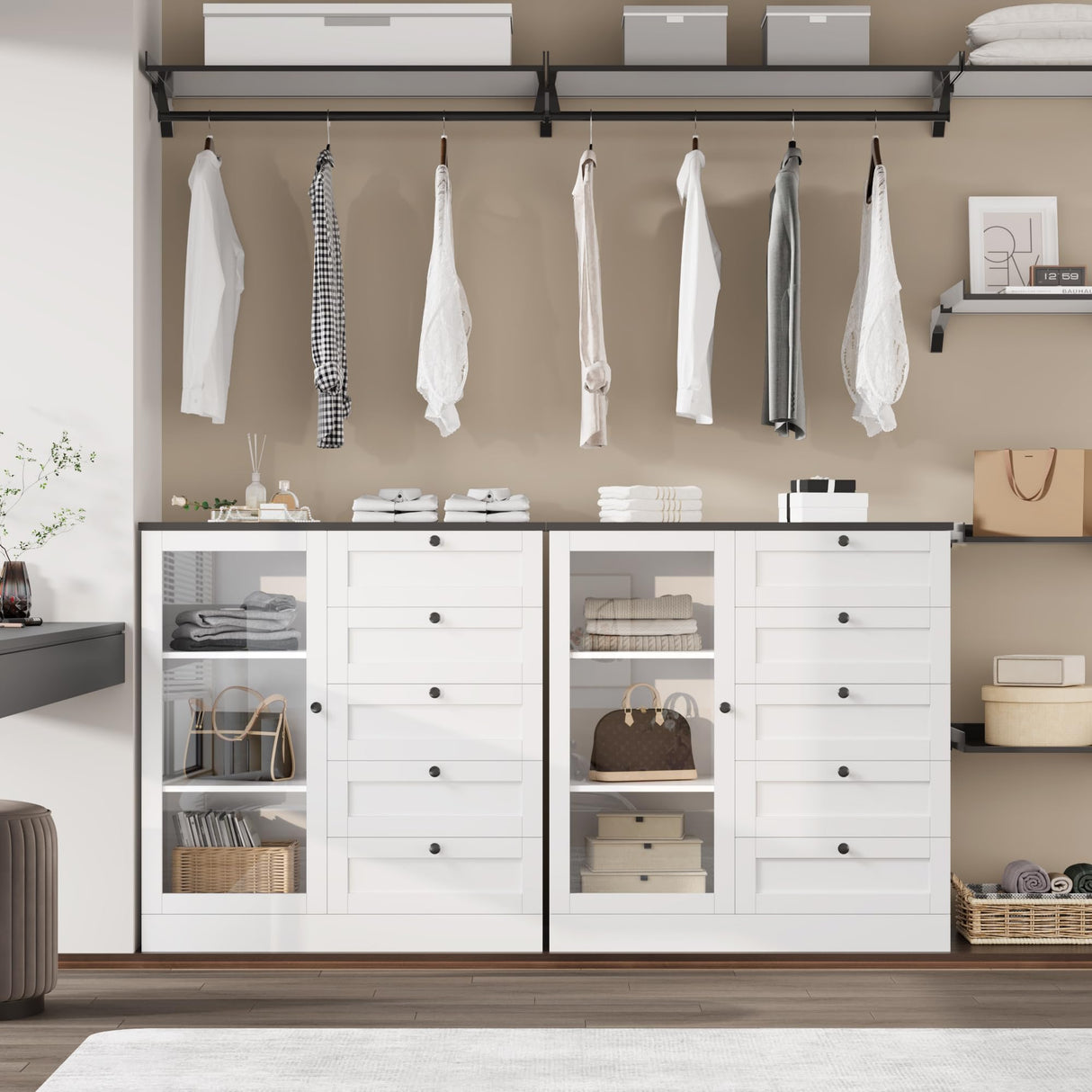 HOSTACK 5 Drawer Dresser with Door, White Storage Cabinet with Drawers and Shelves, Wide Wood Dresser, Modern Chest of Drawers Organizers for Living Room, Kitchen, Hallway HOSTACK