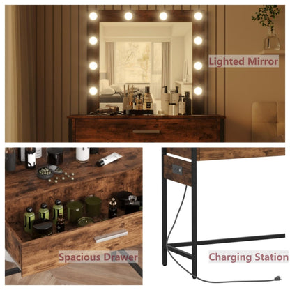 Irontar Makeup Vanity Table with Charging Station and USB Ports & Power Outlets, Vanity Desk with Lighted Mirror for Mother's Day, 10 LED Blubs &