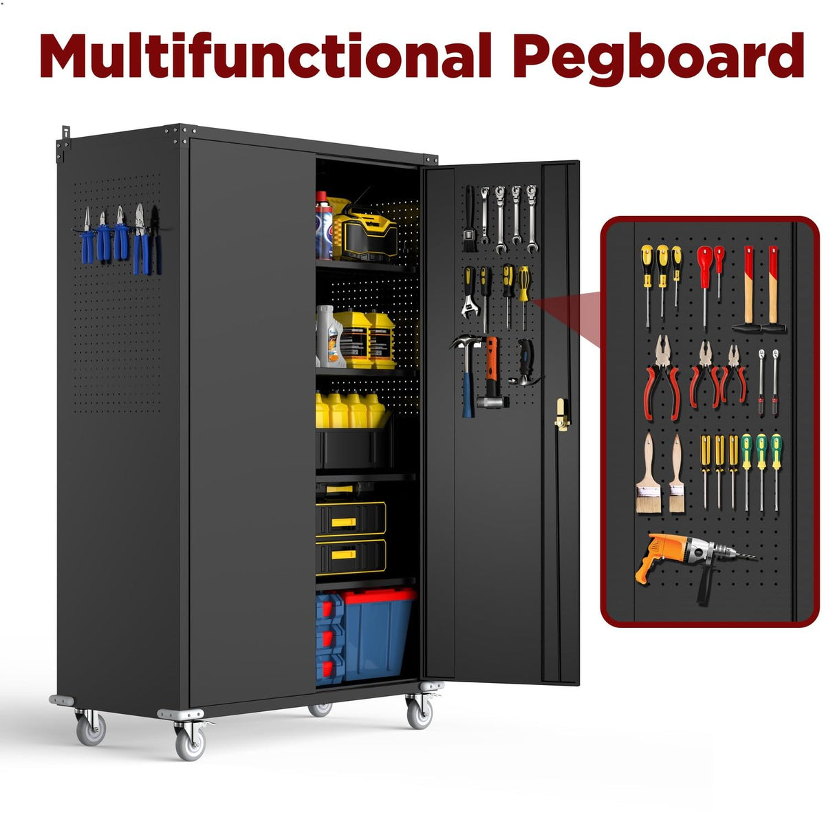 Reykilor Tall & Wide Metal Garage Storage Cabinet with 4 Adjustable Shelves, 43''W x 22''D x 72''H with Wheels & Pegboards, Heavy Duty Lockable Garage Cabinet for Warehouse, Basement, Office, Gym Reykilor