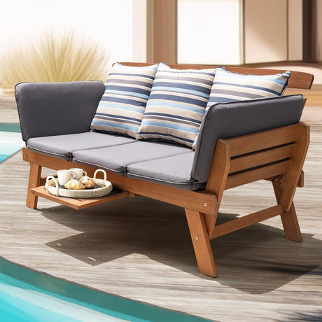 IDZO Amelie Eucalyptus Convertible Outdoor Sofa, 750lbs Capacity Patio Couch with Folding Armrest & Coffee Tray, FSC Certified Wood Furniture Set with 3 Pillows, High Static Load - Gray IDZO