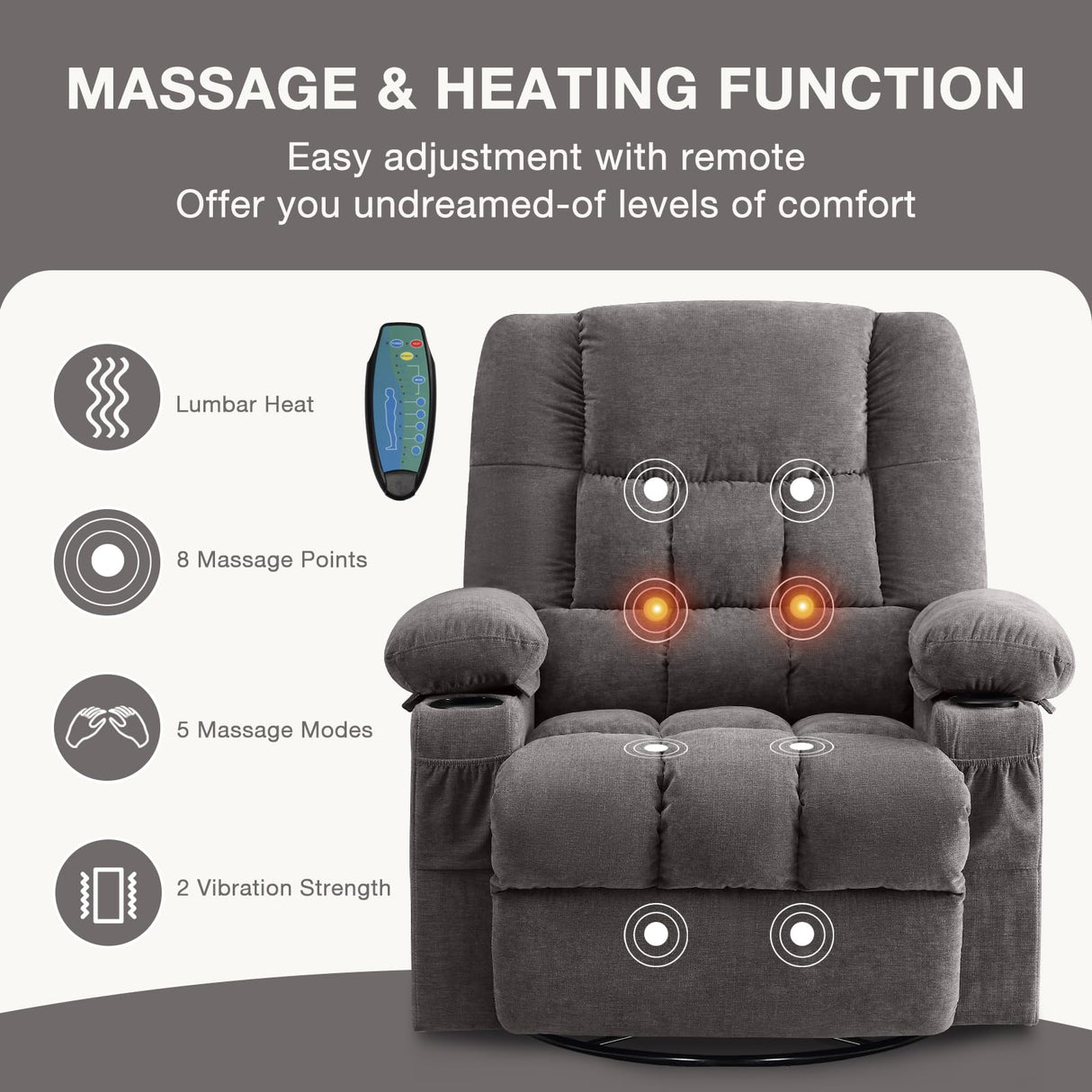 BOSMILLER Massage Swivel Rocker Recliner Chair with Vibration Massage and Heat Ergonomic Lounge Chair for Living Room with Rocking Function and Side Pocket, 2 Cup Holders, USB Charge Port BOSMILLER