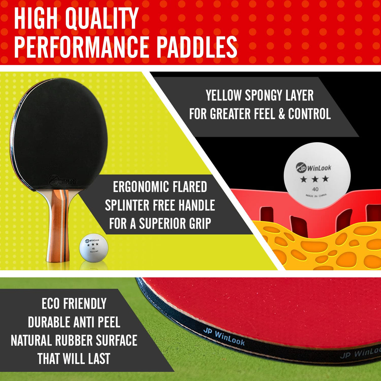 JP WinLook Ping Pong Paddle Set - Four Professional Table Tennis Paddles, Eight Balls, and A Case for Indoor & Outdoor Play - Premium Ping Pong Racket Set for All Players JP WinLook