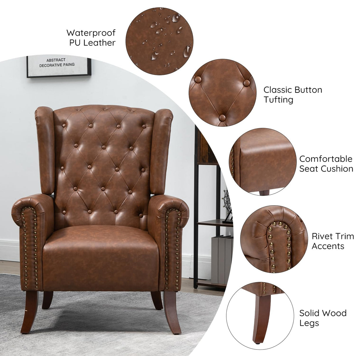 MOJAY Mid-Century PU Leather Accent Chair, Living Room Lounge Sofa Chair with Buttons, Single Club Armchair with Rivet Trim for Bedroom Home Reception (Brown) MOJAY