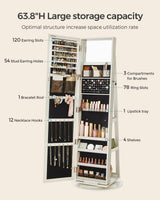 SONGMICS 360° Swivel Jewelry Cabinet, Lockable Jewelry Organizer with Full-Length Mirror, Rear Storage Shelves, Interior Mirror, Jewelry Armoire, Gift Idea, White with Gray Wood Grain UJJC006W01 SONGMICS