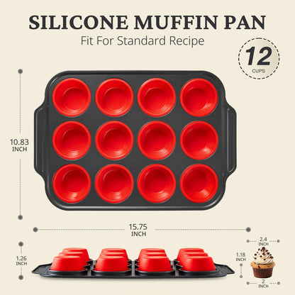 BRONYPRO Silicone Muffin Pan with Metal Frame, Egg Bite Molds for Baking, Cupcake Pans 12 Regular Size, Muffin Tins Easy to Pop Nonstick Non Toxic Bakeware for Oven, Red