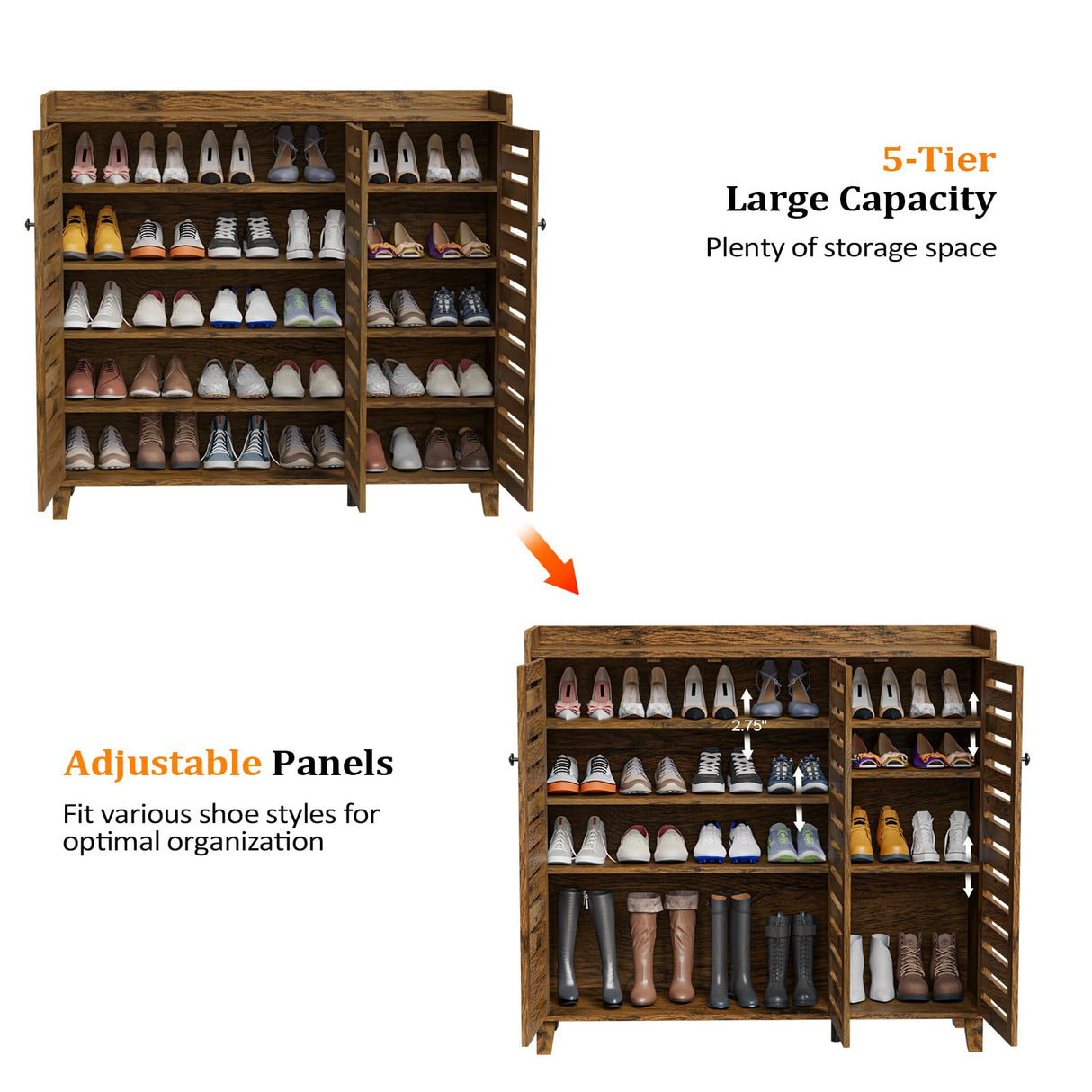 VINGLI Shoe Cabinet with Doors, Entryway Shoe Storage, Shoe Rack with Doors, Hidden Shoe Cabinet, Shoe Organizer Cabinet, Freestanding Shoe Rack Cabinet,Shoe Storage Cabinet,Shoes Cabinet Rustic Brown VINGLI