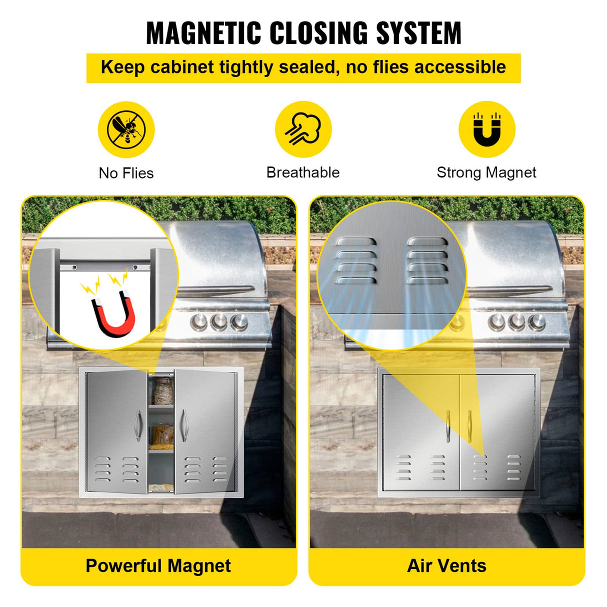 VEVOR Outdoor Kitchen Doors, 30W x 21H Inch, 304 Stainless Steel Double Doors with Vents, BBQ Access Door with 2 Detachable Handles and 6 Hooks, for BBQ Island VEVOR