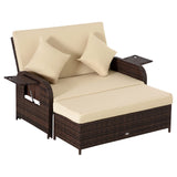 Outsunny Patio Rattan Daybed with Cushions, Wicker Outdoor Bed Lounger w/Loveseat, Storage Ottoman, Coffee & Side Tables, for Poolside, Porch, Backyard, Beige Outsunny