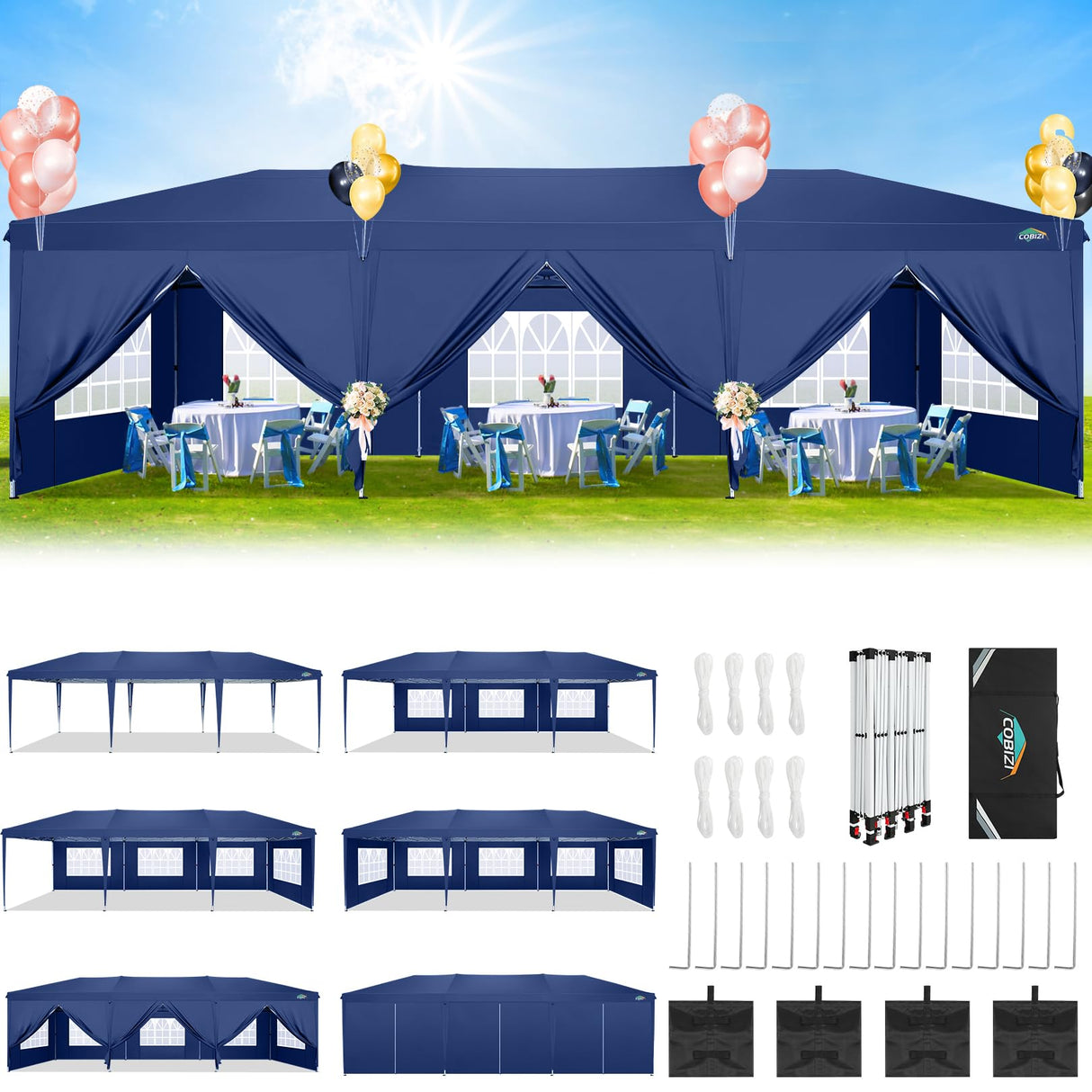 COBIZI 10x30 Canopy Party Tent with 8 Walls 10x30 Pop Up Tent for Parties Waterproof UPF 50+ Outdoor Commercial Event Tent for Party Backyard Gazebo Canopy with Sidewalls & Sandbags(navy blue,10x30ft COBIZI