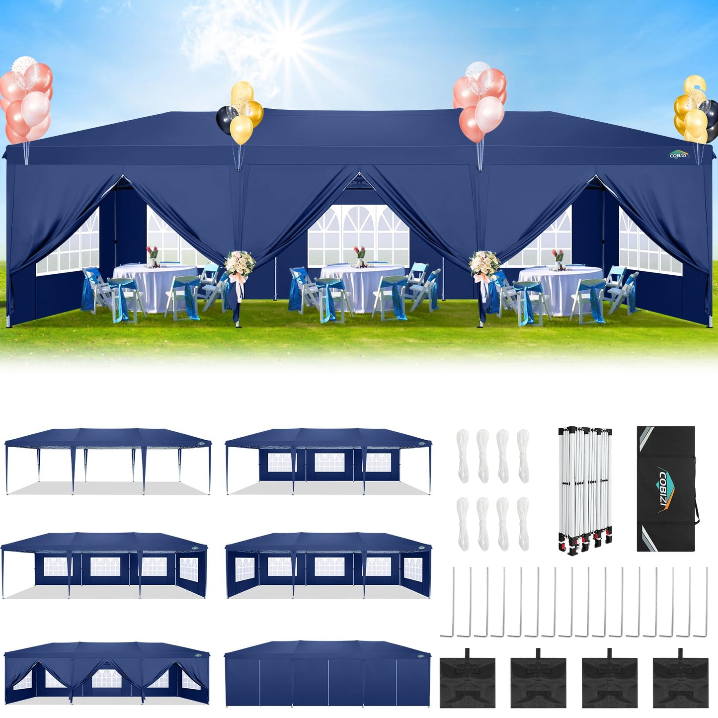 COBIZI 10x30 Canopy Party Tent with 8 Walls 10x30 Pop Up Tent for Parties Waterproof UPF 50+ Outdoor Commercial Event Tent for Party Backyard Gazebo Canopy with Sidewalls & Sandbags(navy blue,10x30ft