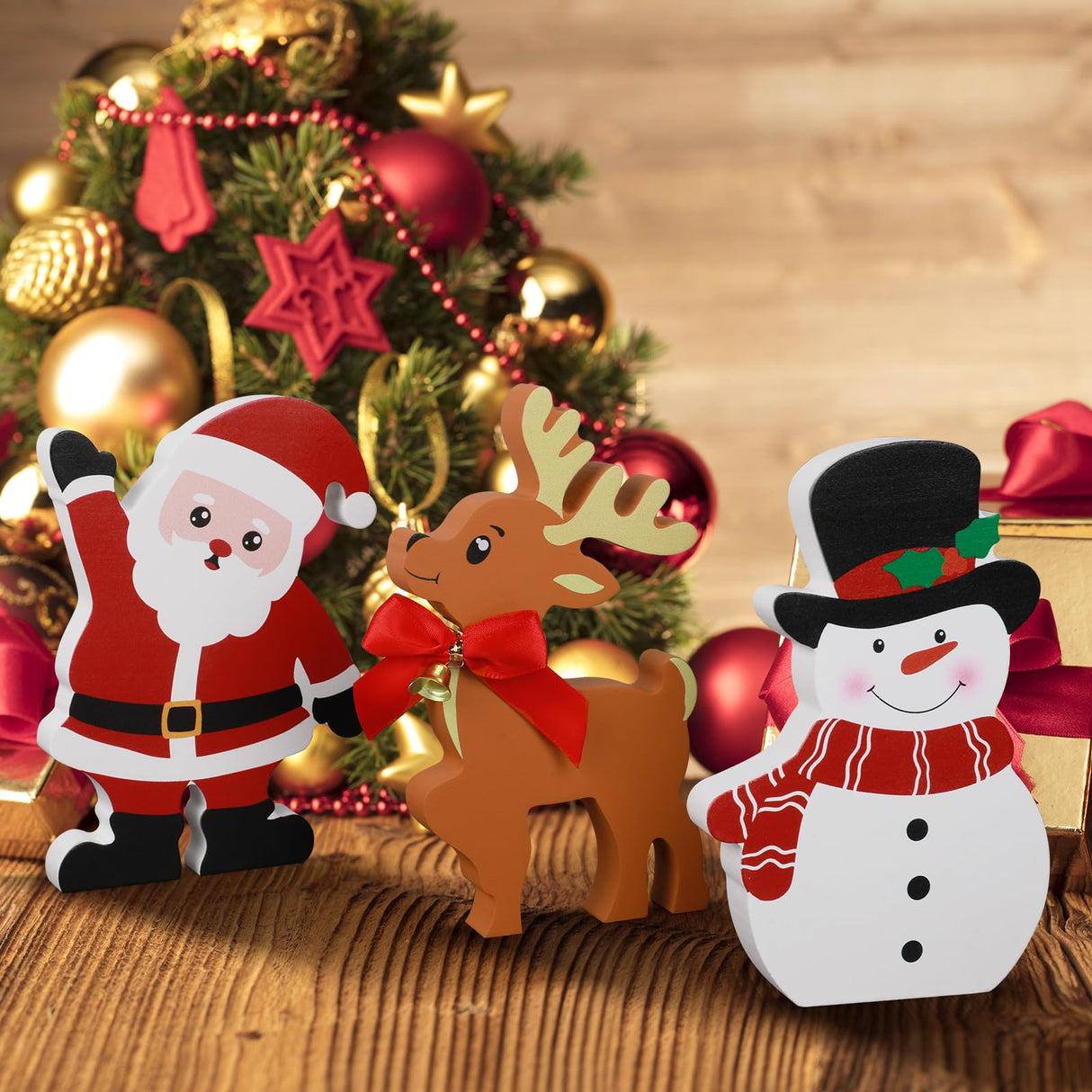 COCHIE Snowman Christmas Decorations Indoor, Cute Snowman Winter Tiered Tray Decor Set of 3, Wooden Snowman Blocks Xmas Table Decoration for Party Home Office Shelf Door (Santa Claus Reindeer) COCHIE