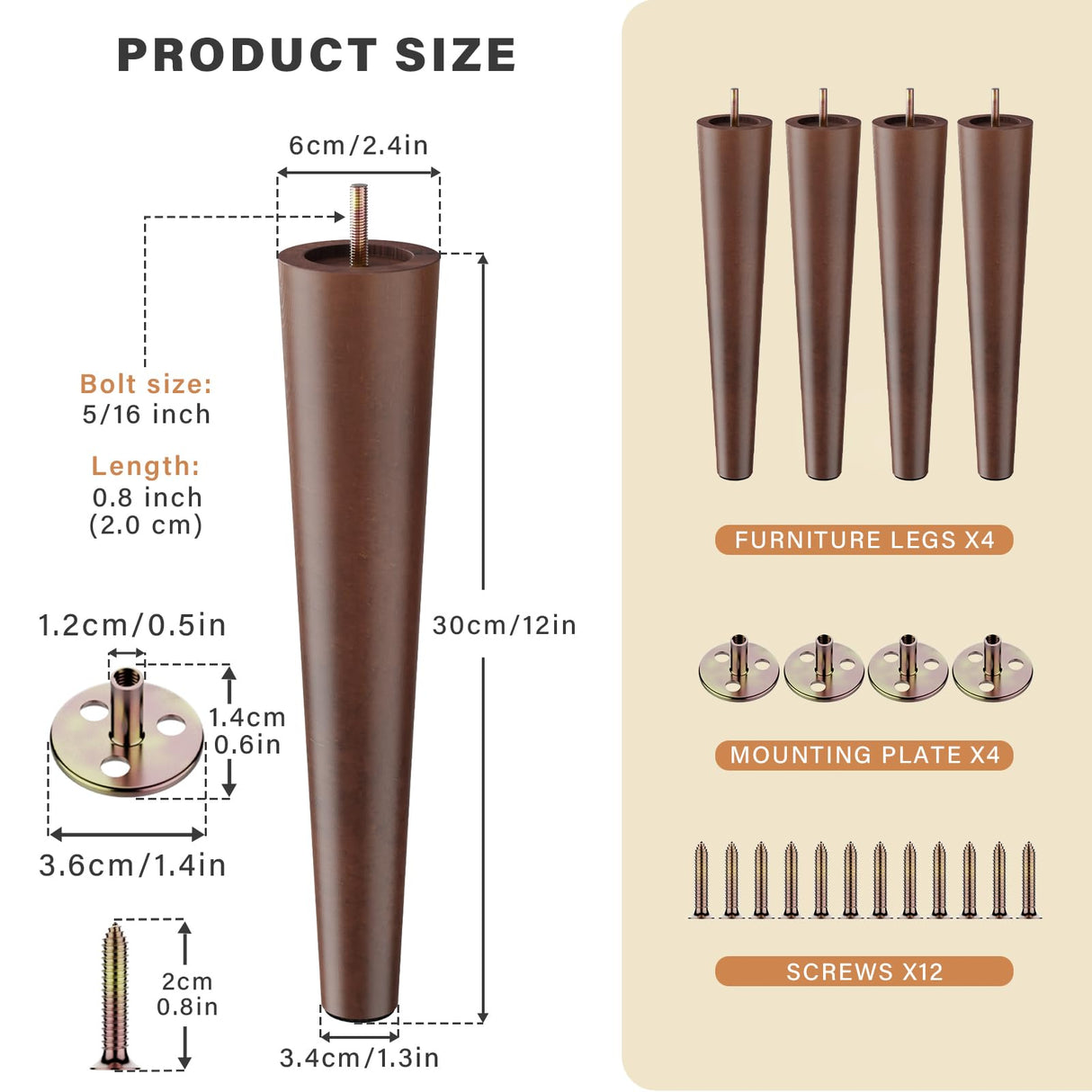 12 Inch Furniture Legs, Round Solid Wood Chair Legs Bench Leg, Mid Century Modern Replacement Table Legs for Home DIY Projects TV Cabinet, Ottoman, Dresser, Armchair, Cabinet（Set of 4 Walnut Color） GOSCHE