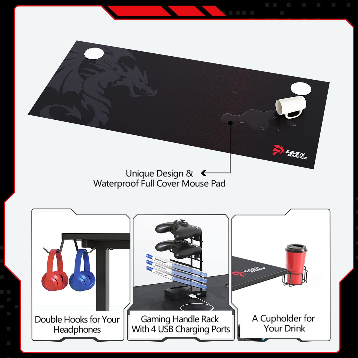 SEVEN WARRIOR Gaming Desk 60 INCH, T- Shaped Carbon Fiber Surface Computer Desk with Full Desk Mouse Pad, Ergonomic E-Sport Style Gamer Desk with Double Headphone Hook, USB Gaming Rack, Cup Holder SEVEN WARRIOR