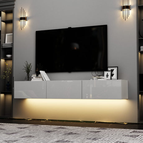 Homsee Floating LED TV Stand for TVs up to 70", Wall Mounted Wood Media Console with Glossy Surface & LED Lights, Modern Entertainment Center with 3 Drawers for Living Room, Bedroom, White Homsee